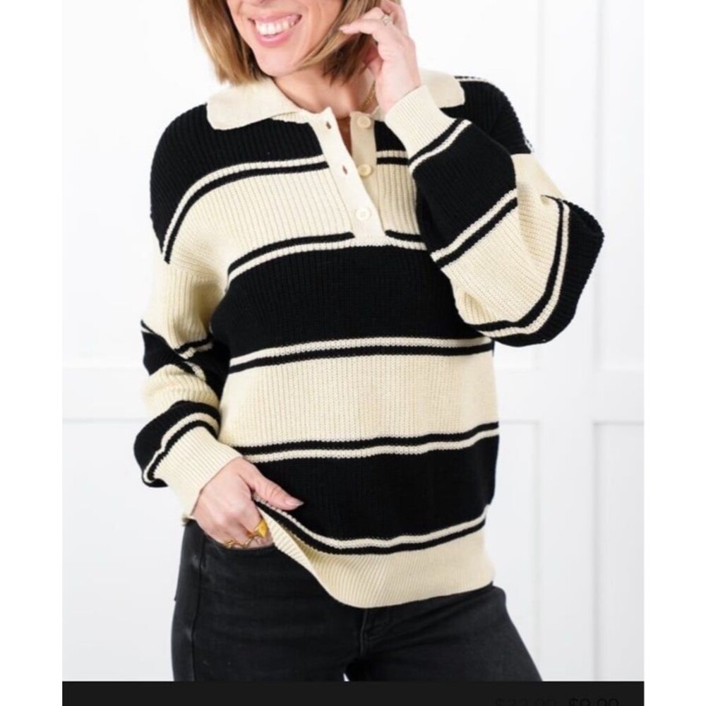 GILLY SWEATER Collared button up sweater black ivory RUGBY style Sweater MEDIUM